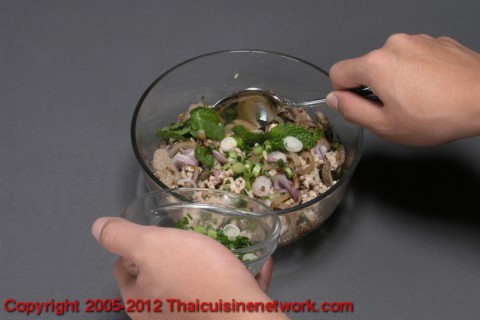 ปรุงรสด้วยพริกป่น ข้าวคั่ว หอมแดงซอย น้ำมะนาว น้ำปลา ต้นหอม ผักชีฝรั่ง ชิมรสตามชอบ ตักใส่จาน โรยใบสะระแหน่ รับประทานกับผักสด